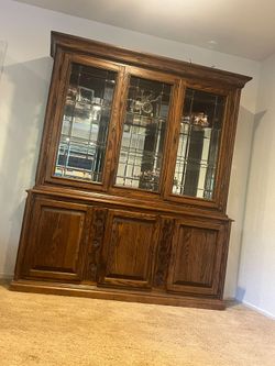 Large Oak China Cabinet with Leaded Glass Doors