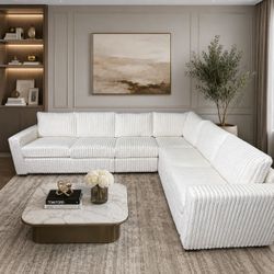 WHITE CORDUROY LIVING ROOM SECTIONAL COUCH