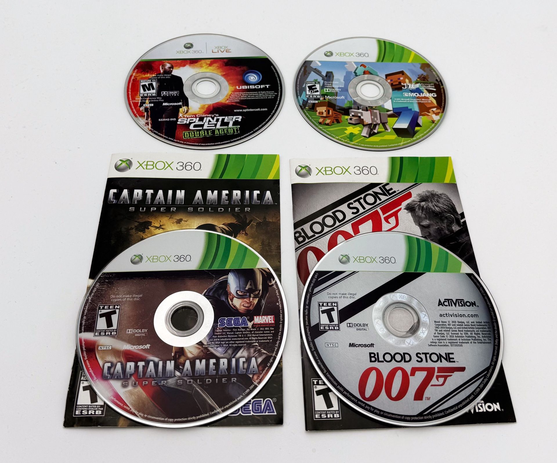 Microsoft Xbox 360 Game Lot - Captain America, Blood Stone, Minecraft And Splinter Cell