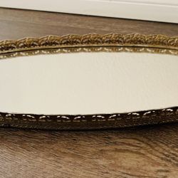 vintage mid century vanity oval mirrored tray 9/14”