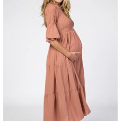 Salmon Smoked Pleated Tier Maternity Midi Dress