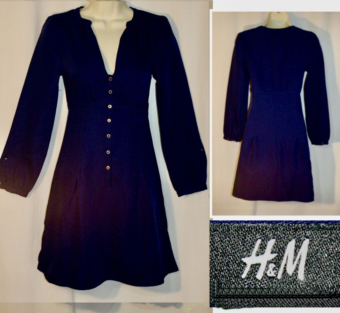 Vtg Y2K H&M Navy Blue Plunge Neck Empire Waist Long Sleeve Mini Dress Sz 2