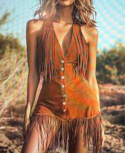 Brown Suede Fringe Halter Mini Dress xl