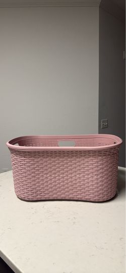 Pink Plastic Wicker-Style Laundry Basket