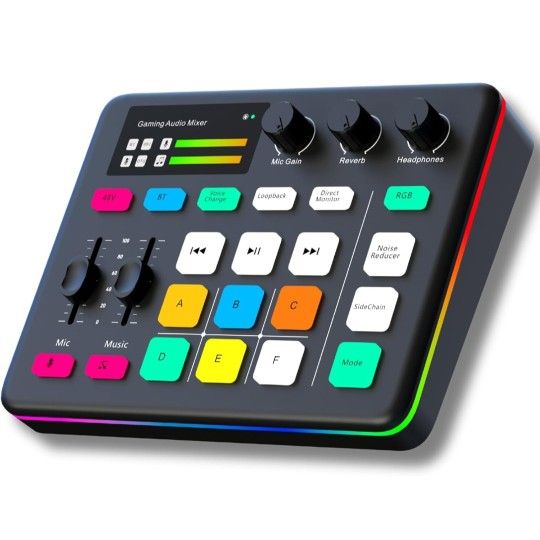 HOSONGIN Gaming Audio Mixer, Audio Interface with Pro-preamp, Voice Changer & DJ Mixer Effects, 48V Phantom Power, Bluetooth & RGB Live Sound Card for