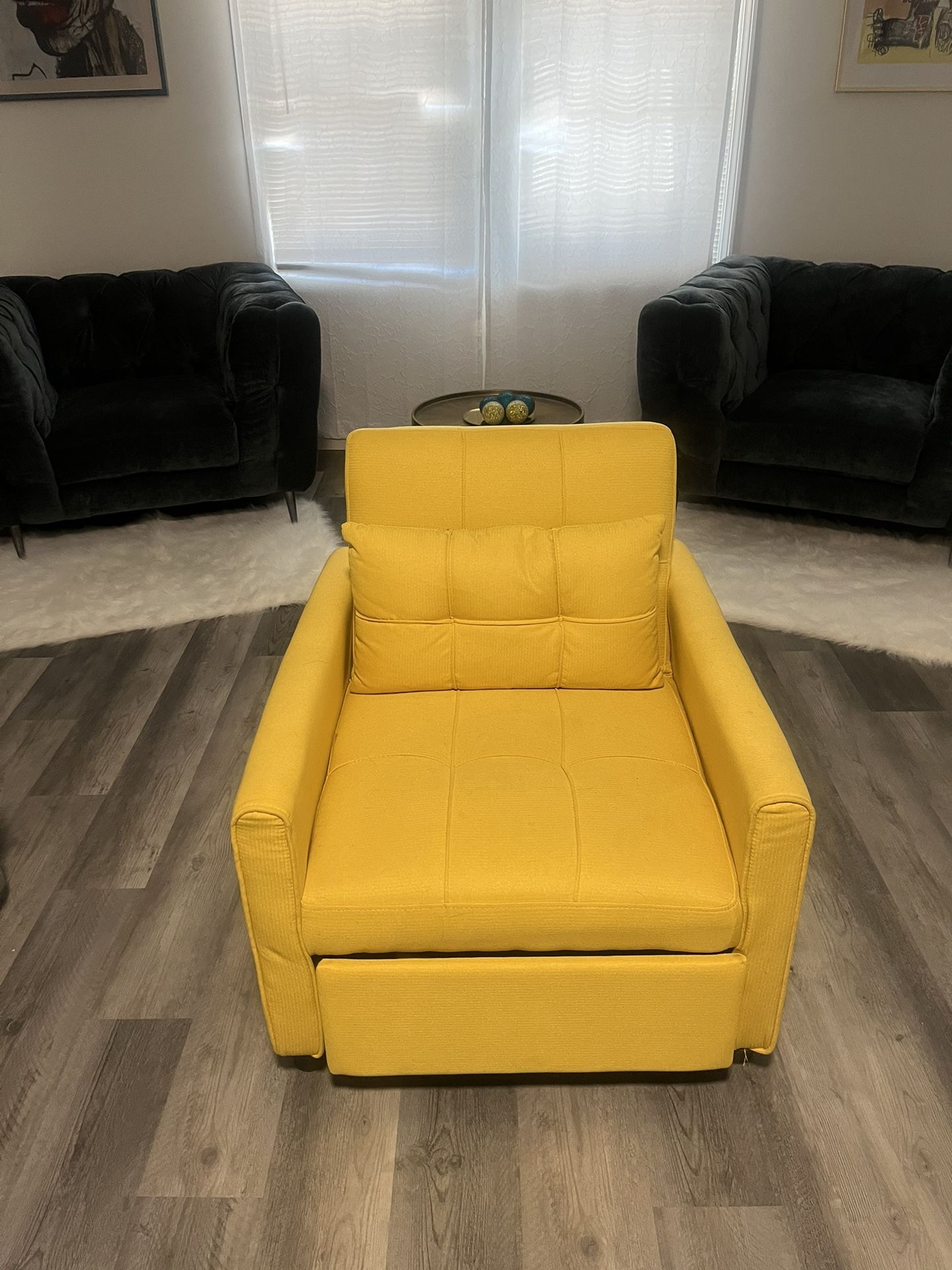 Yellow Convertible Sleeper, Recliner, Sofa Bed With A Pullout Couch.