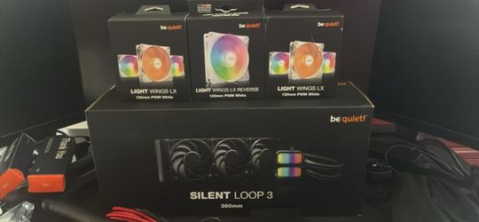 360mm Black AIO CPU Cooler + 2x 3 packs of white 120mm PWM PC Fans + 1x Reverse 120mm white fan.