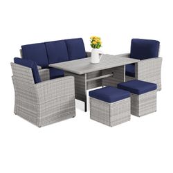 Brand New Outdoor Patio Furniture  With Wicker Dining Table Set And Cover - Gray/Navy