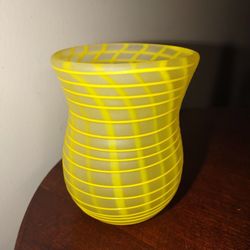 FROSTED GLASS YELLOW PLAID LIKE VASE OR PLANT POT