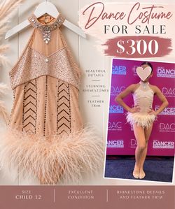 Rhinestone Dance Costume with Feather Hem