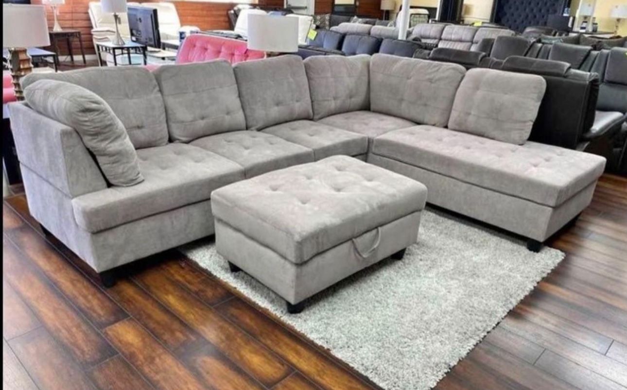 COSTCO Gray Chenille Sectional Couch And Ottoman