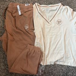 Victoria’s Secret Pink  New with tags  2pc outfit set: flare pants and t-shirt  Color Red Violet with off white color pink sports club logo Size Mediu