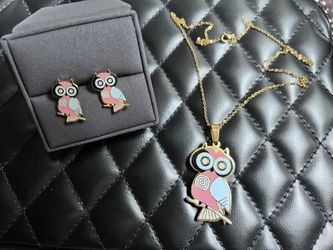 Cute Pink Blue Owl Necklace & Matching Earrings Set Stainless Steel $20