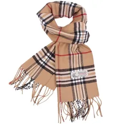 Camel Plaid Cashmere Feel Fringe Scarf