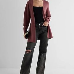 Express Ribbed Dolman Sleeve Belted Cardigan - Plum - Size S