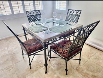 Today only priced! Holiday special Wrought Iron Dining Set with Stone Top Table and 4 Chairs