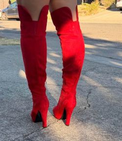 Red Suede Over-the-Knee Heeled Boots