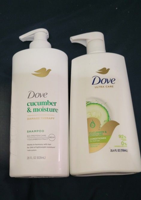 DOVE CUCUMBER & MOISTURE SHAMPOO (28oz), DOVE CUCUMBER CONDITIONER (25.4oz) For $14/$14 Por Los 2