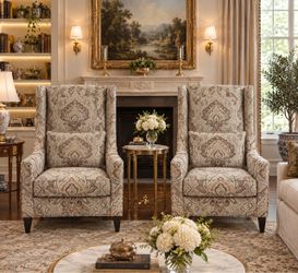 Pair of Elegant High Wingback Pattern Upholstered Damask-Linen Accent Chairs🌷 New-Never Used