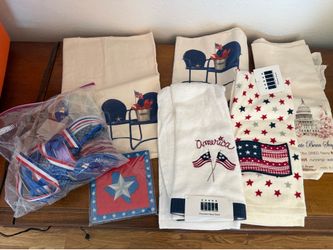 LOT Patriotic American July 4th Dish Towels, Ribbon & Napkins ALL FOR
