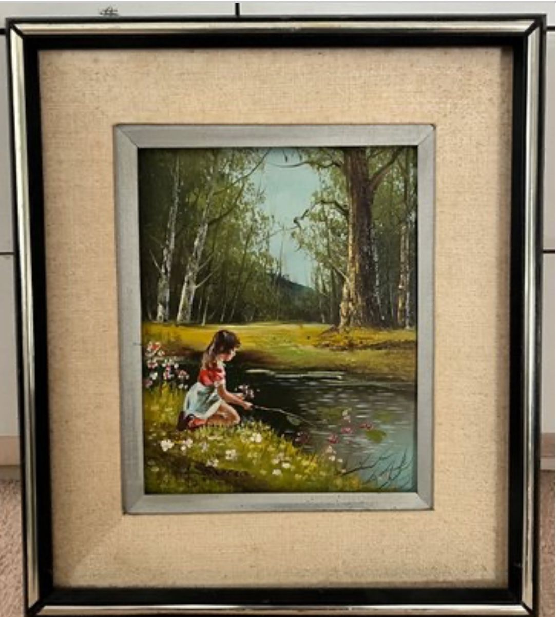 VINTAGE SIGNED GARCIA FRAMED OIL PAINTING GIRL BY THE RIVER