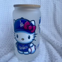 Hello Kitty Dodgers Glass Cup With Lid And Straw
