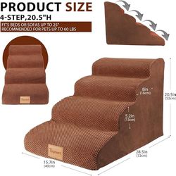 Topmart Dog Stairs for Small Dogs,4-Step,Foam Dog Steps for Couch/High Beds with Waterproof & Removable Cover, Dog Ramp, Brown 29.2"L*15.7"W*20.5"H