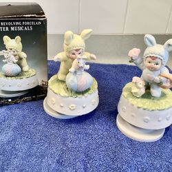2 Vtg. 1960s Porcelain Revolving Easter Musical Figurines 5” Music Boxes