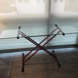 Desk Table, Glass Top On Red Stand