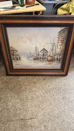 Vintage Oil Painting – Harbor Scene with Fishing Boats – Signed Florence