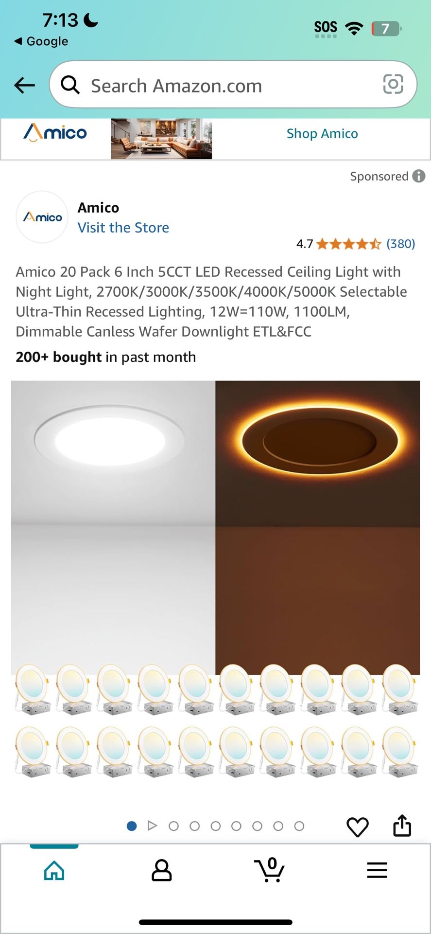 Amico 20 Pack 4 Inch 5CCT LED Recessed Ceiling Light with Night Light, 2700K/3000K/3500K/4000K/5000K Selectable Ultra-Thin Recessed Lighting, 10W=90W,