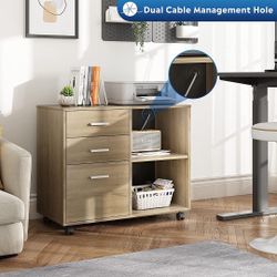 New 3-Drawer Wood File Cabinet, Mobile Lateral Filing Cabinet, Printer Stand with Open Storage Shelves for Home Office