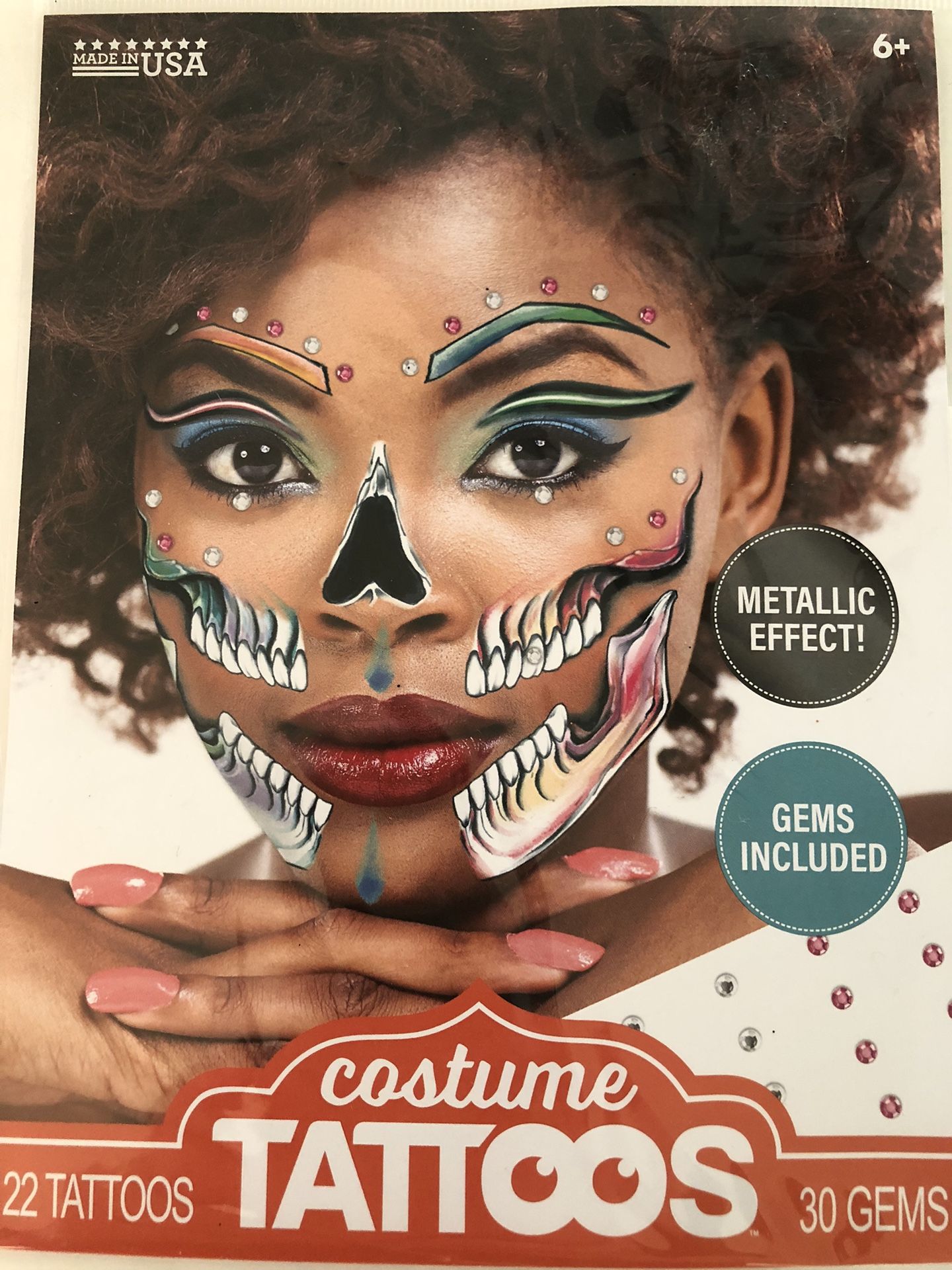 Metallic Glam Costume Face Tattoos With Gems.  2 sheets, 22 tattoos, 30 Gems