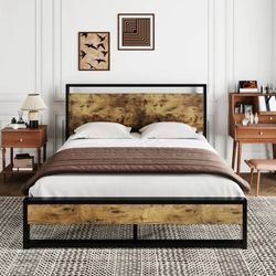 Full Platform Bed Frame with Wooden Headboard and 13 Strong Steel Slats Support, Dark Brown 