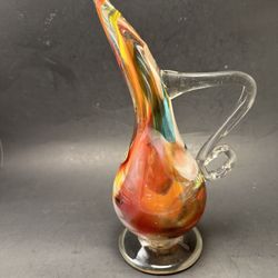 Vintage Cristales de Chihuahua Hand Blown Swung Glass Vase Pitcher With Applied Handle 