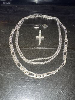 3 silver chains , pendant and earrings