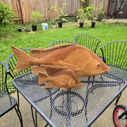 Set of 2 Hand-Carved Wooden Fish Sculptures 
