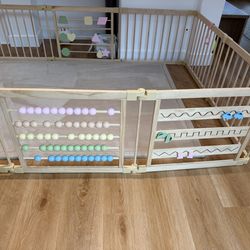 Natural Wood Baby Playpen – 10 Panel Foldable Play Yard with Door Panel and Built-in Toys, CPC Certified & SGS Tested