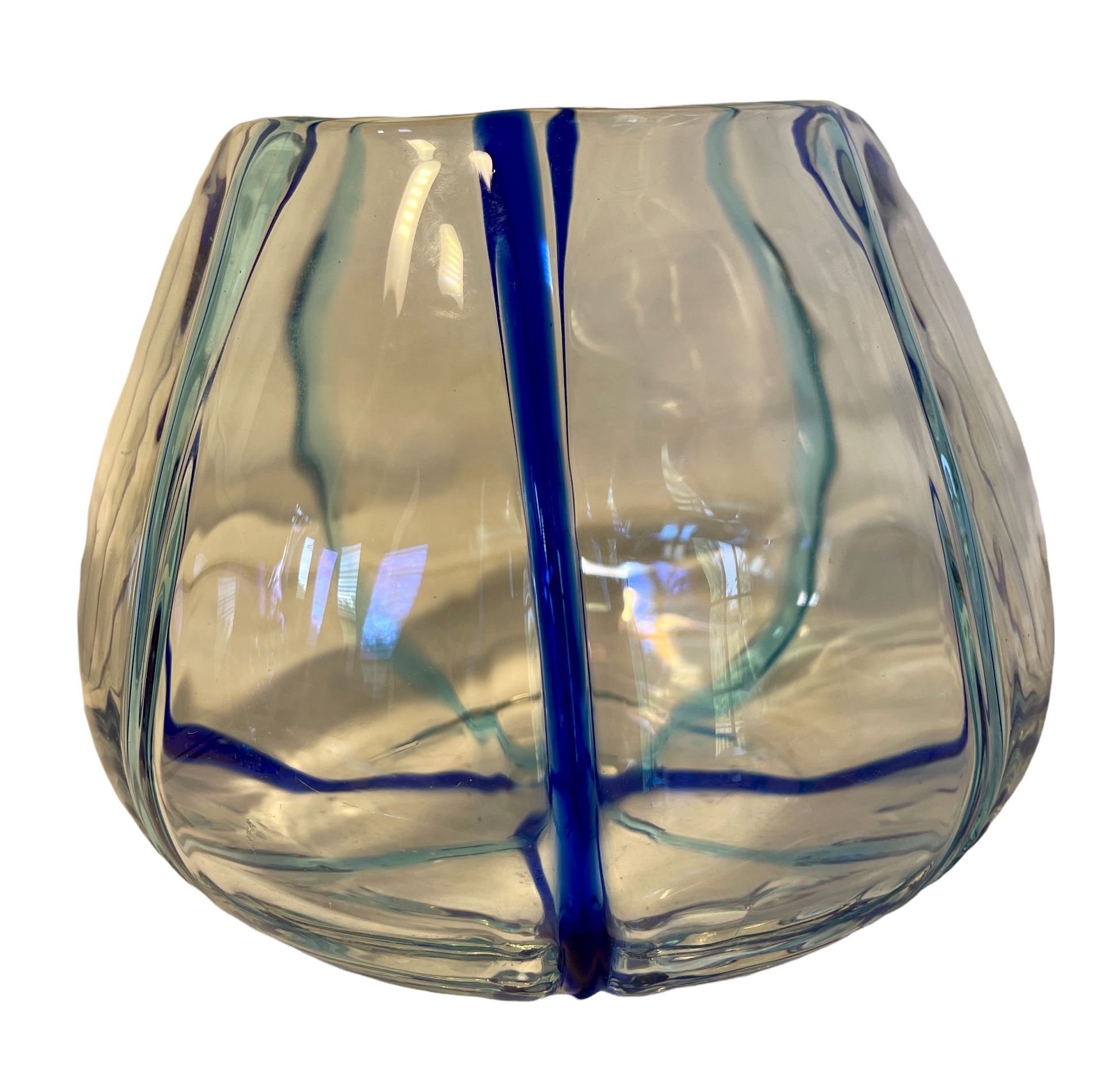 Hand Blown Art Glass Vase Clear With Cobalt Blue And Light Blue Rods 8” Tall