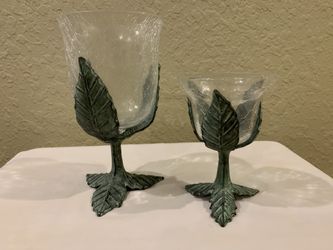 Pair Of Quality Cast Metal & Clear Seeded Glass CANDLE HOLDERS