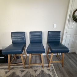 Pleather blue & wood barstools for 34.5” high counters 