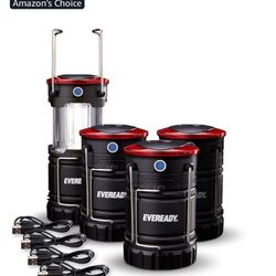 Eveready LED Camping Lanterns (4-Pack), Hybrid Power Rechargeable Collapsible Lantern Flashlights, Ultra Bright Tent Lights for Outdoors, Camping, Fis