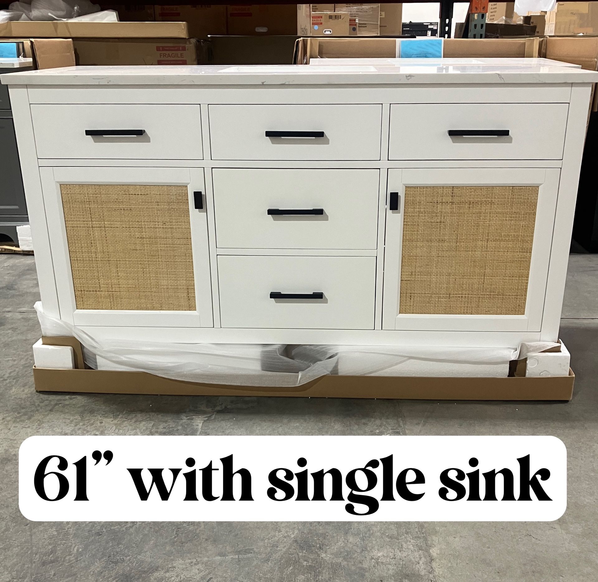 61'' Solid Wood Bathroom Vanity Cabinet with Stone Countertop (Open-box)
