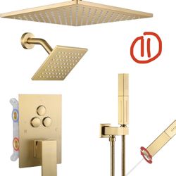 Shower Faucet Set Brushed Gold Shower System,Push Button Diverter Shower Faucet with 2 in 1 Handheld,Ceiling Mount 10 Inch &6 inch Shower Head