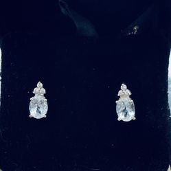 10K WHITE GOLD OVAL AQUAMARINE DIAMOND STUD EARRINGS