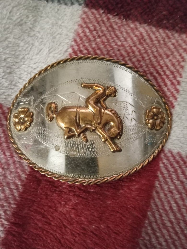 Vtg Ricardo Nickel Silver Cowboy Horse Rodeo Bronc Rider Western Belt Buckle