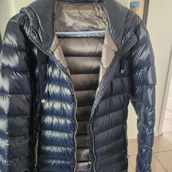 Puffer Jacket, Navy, hip length, Size Medium