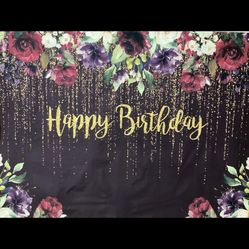 Happy Birthday Banner With Gold Sequence Back Drop Curtains