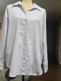 Zara Women's Oversized blue and white striped button-down