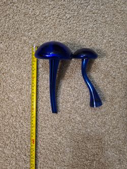 2 Blue Glass Mushrooms Garden Decor.